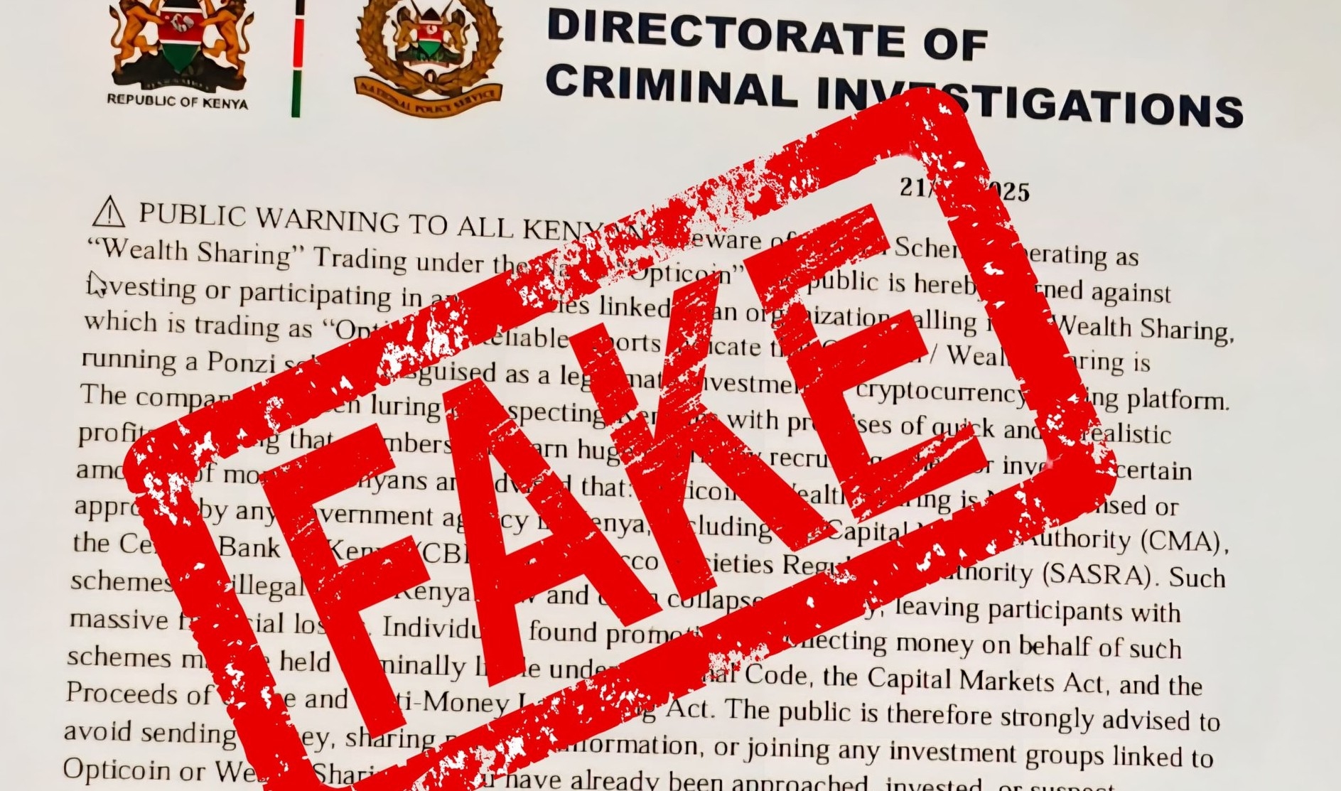 DCI dismisses circulating ‘Wealth Sharing’ warning notice as fake